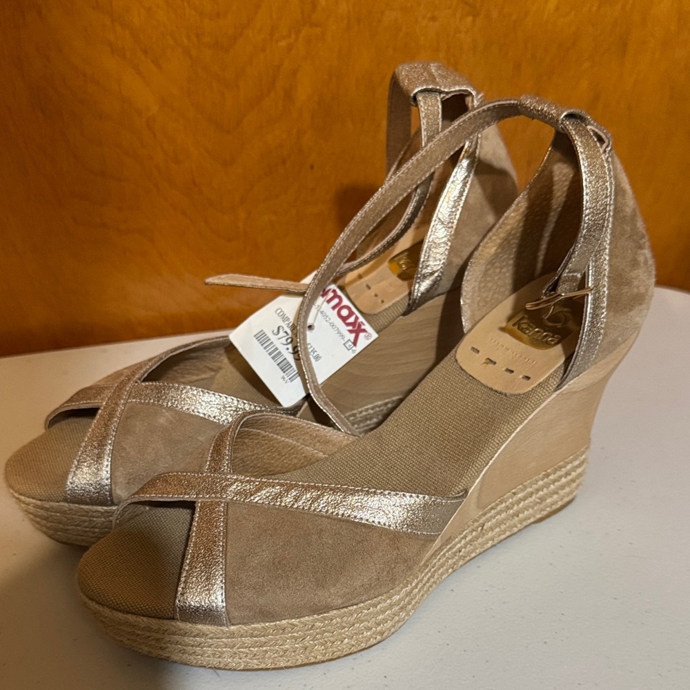 kanna Metallic Taupe and Suede Wedge Sandals